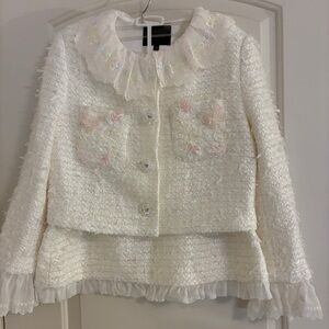 Elegant White Textured Matching Jacket and Skirt Set with Ruffle Details